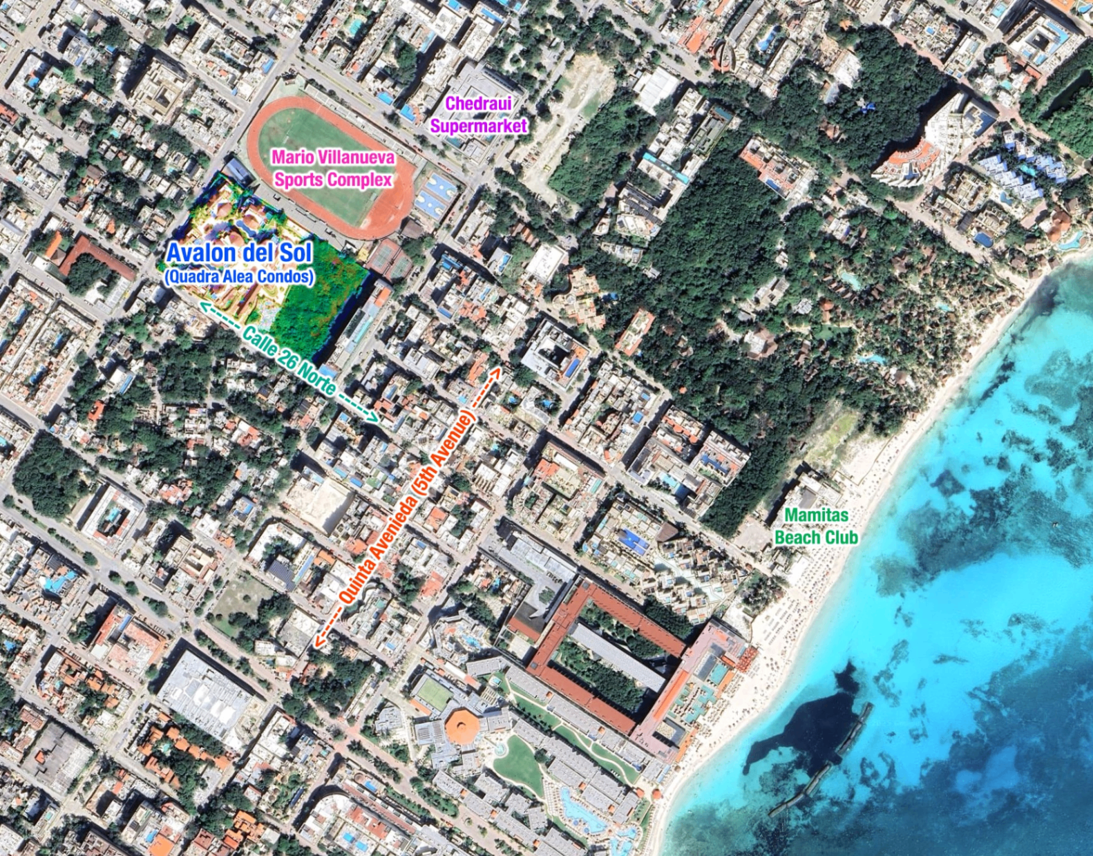 Map showing Avalon del Sol location near the beach, 5th Avenue, and Mario Villanueva Sports Complex in Playa del Carmen